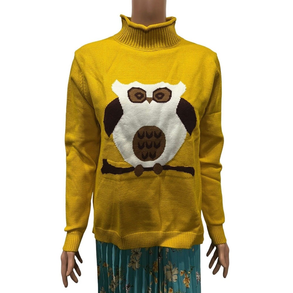 NWT Vintage Retro Style sweater  Owl Yellow Mustard Knit Turtle Neck Size M
